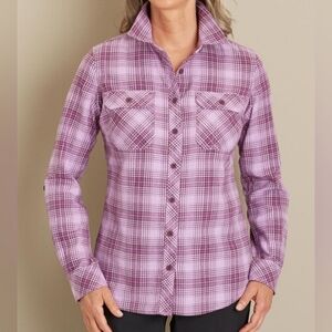 Duluth Trading Crosscut Wicking Purple Plaid Flannel Long Tunic Duster XS Garden